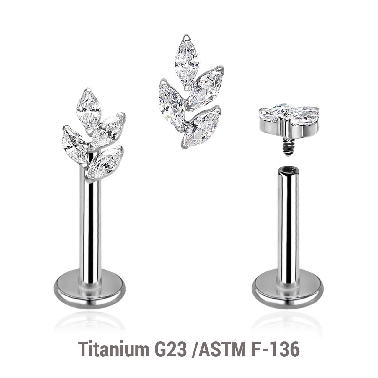 YLB12X14 Pack of 5 high polished titanium internally threaded labrets, Thickness 1.2mm, with a leaf shaped top with 4 marquis cut prong set CZ stones YLB12X14 Pack of 5 high polished titanium internally threaded labrets, Thickness 1.2mm, with a leaf shaped top with 4 marquis cut prong set CZ stones