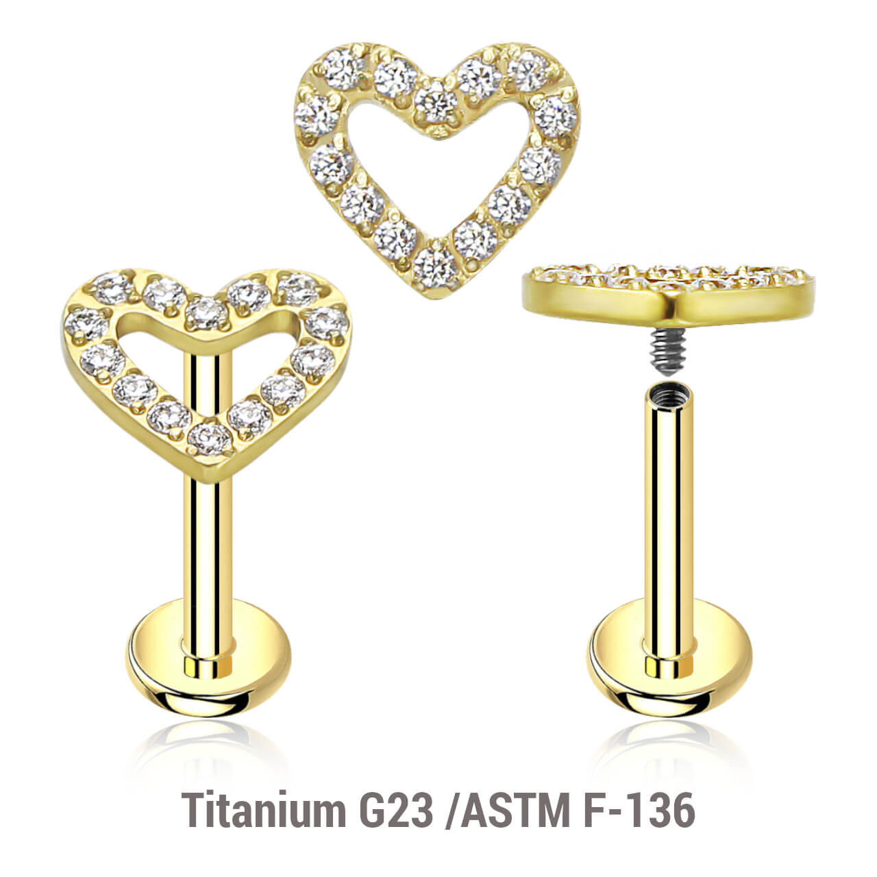 ULB12X12 Pack of 5 Gold PVD plated titanium internally threaded labrets, Thickness 1.2mm, with a CZ studded heart top