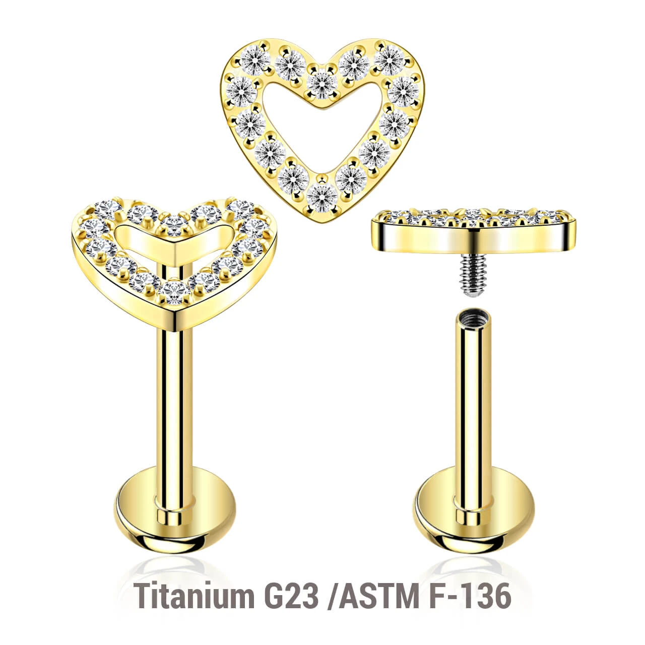 ULB12X12 Pack of 5 Gold PVD plated titanium internally threaded labrets, Thickness 1.2mm, with a CZ studded heart top