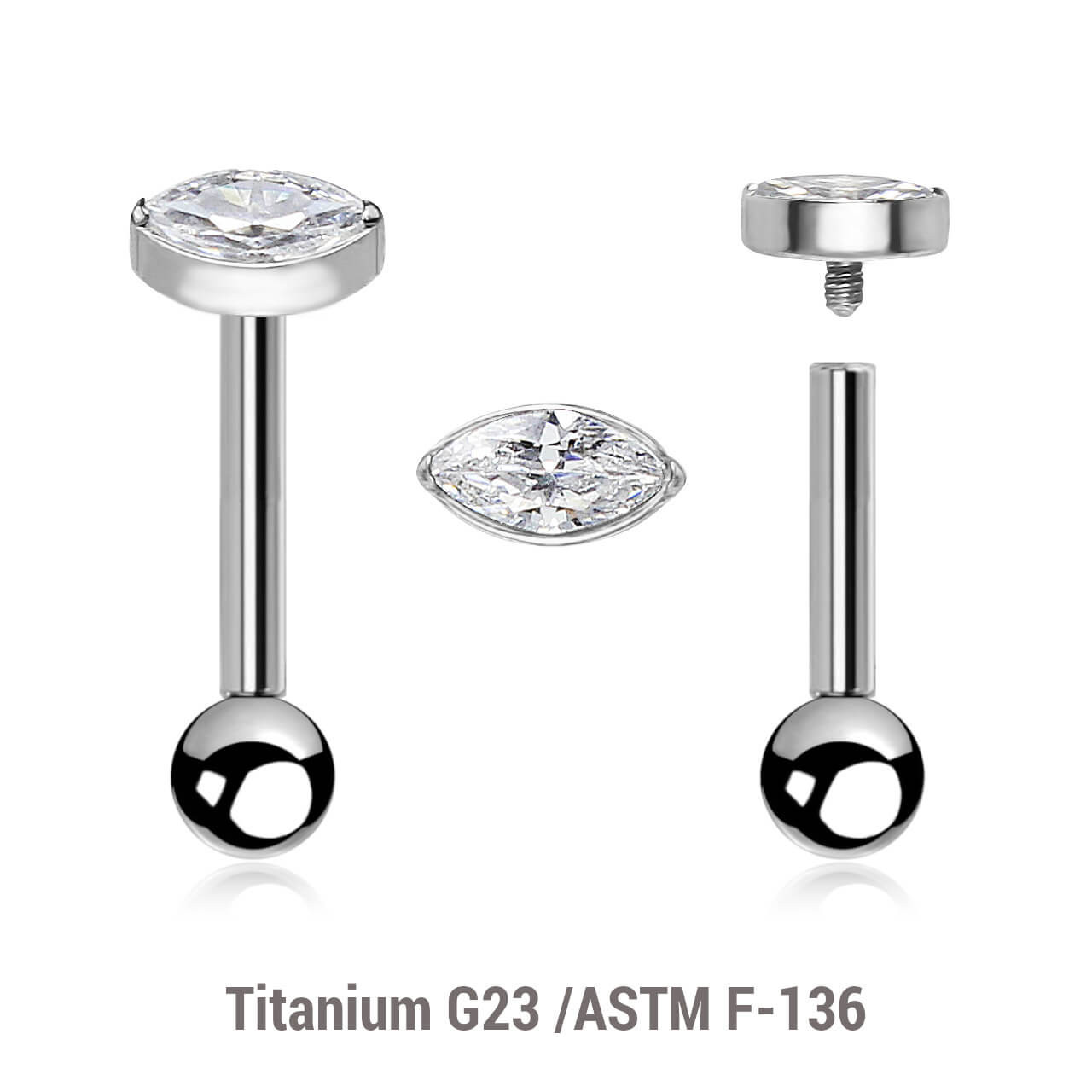YBA12X16 Pack of 5 high polished titanium internally threaded tragus barbells, Thickness 1.2mm, with a marquis cut prong set CZ stone top and a lower 3mm plain ball YBA12X16 Pack of 5 high polished titanium internally threaded tragus barbells, Thickness 1.2mm, with a marquis cut prong set CZ stone top and a lower 3mm plain ball