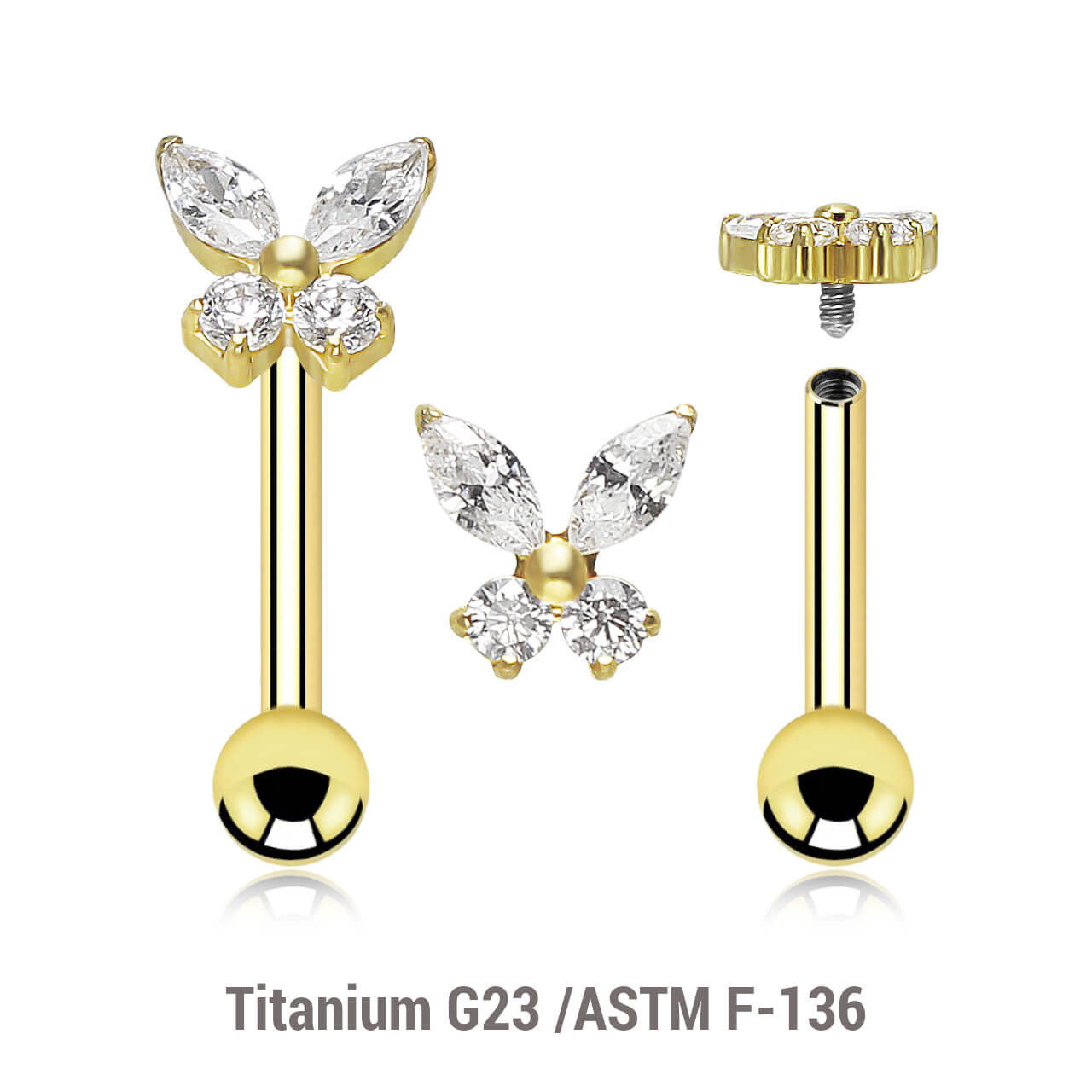 UBA12X04 Pack of 3 Gold PVD plated titanium internally threaded barbells, Thickness 1.2mm, with butterfly-shaped top with prong set CZ stones and a lower 3mm plain ball