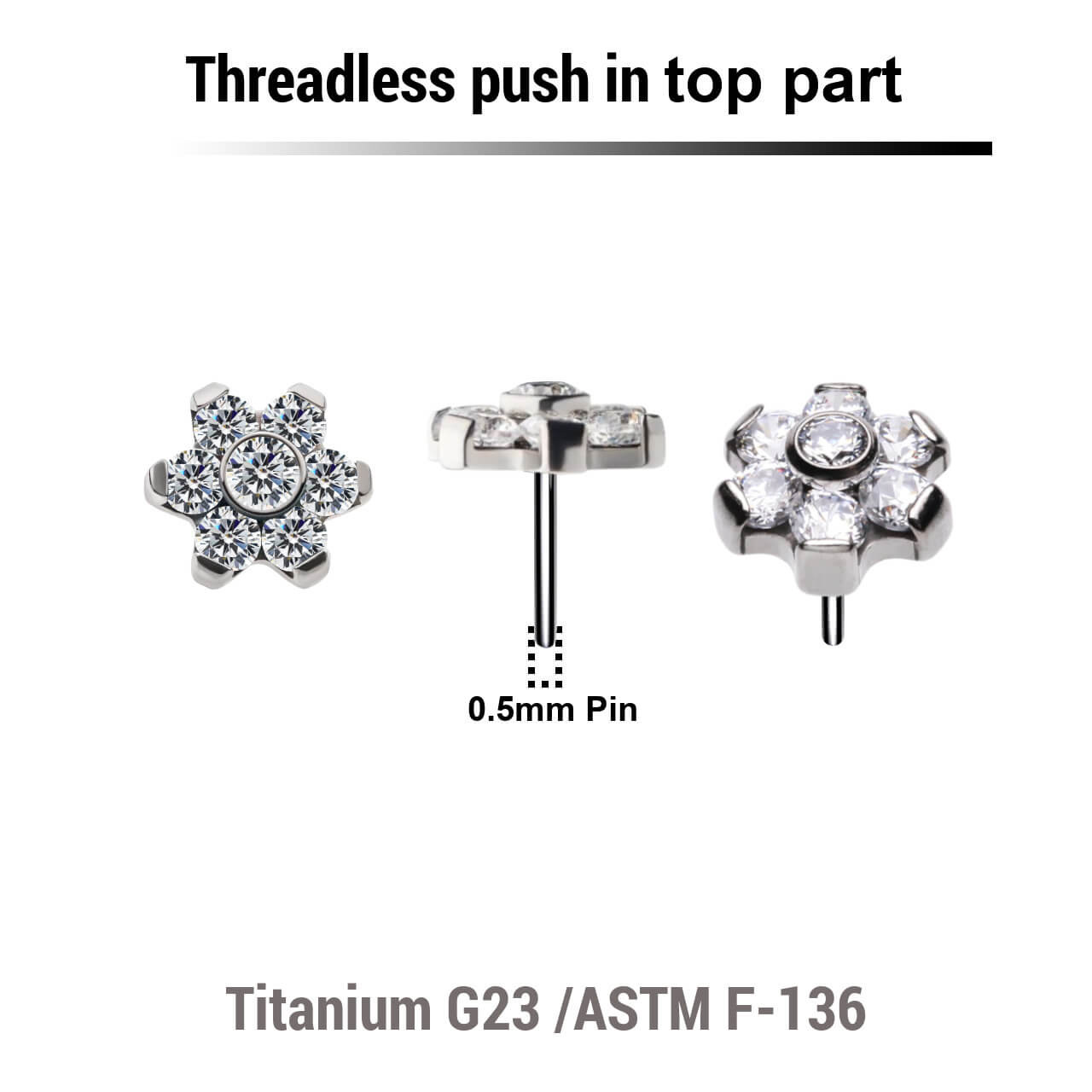 KTP05X01 Pack of 5 Titanium G23 threadless push in labret tops in flower shape with prong set CZ stones (1 central stone + 6 stones around)