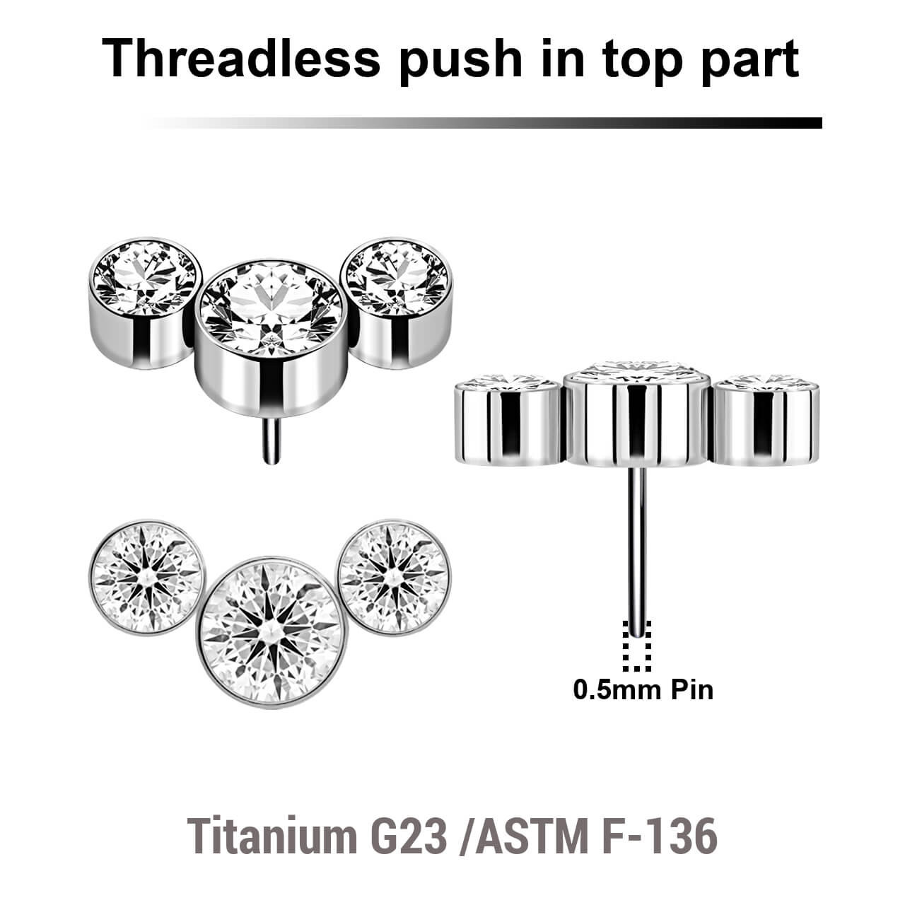 KTP05X08 Pack of 5 Titanium G23 threadless push in labret top with an elongated top with 3 bezel set crystals