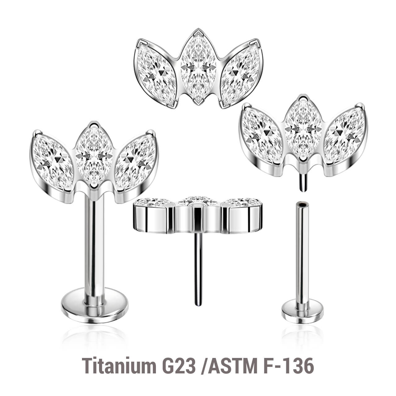 KLBXXX03 Pack of 5 high polished titanium threadless push in labrets with a top with 3 marquis cut prong set CZ stones