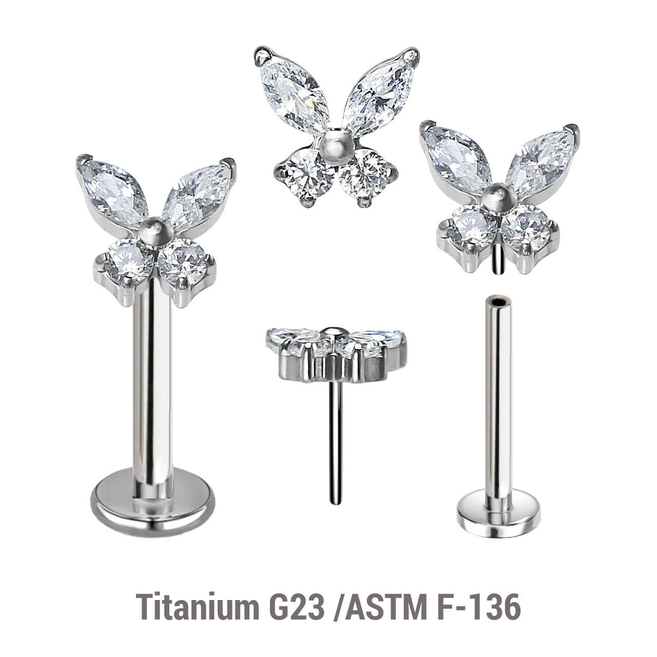 KLBXXX04 Pack of 5 high polished titanium threadless push in labrets with butterfly-shaped top with prong set CZ stones