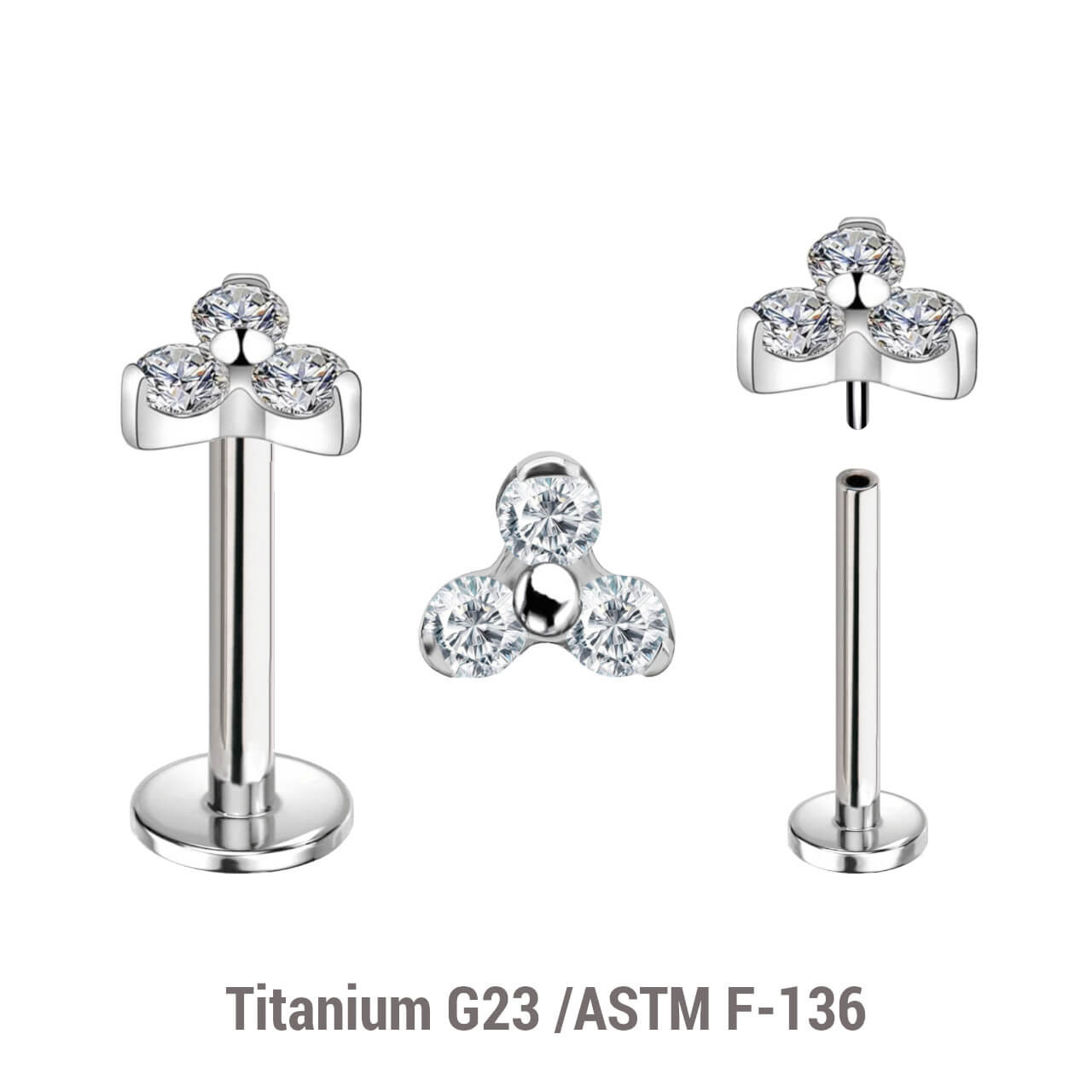 KLBXXX09 Pack of 5 high polished titanium threadless push in labrets with a trinity top with three 1.5mm prong set CZ stones