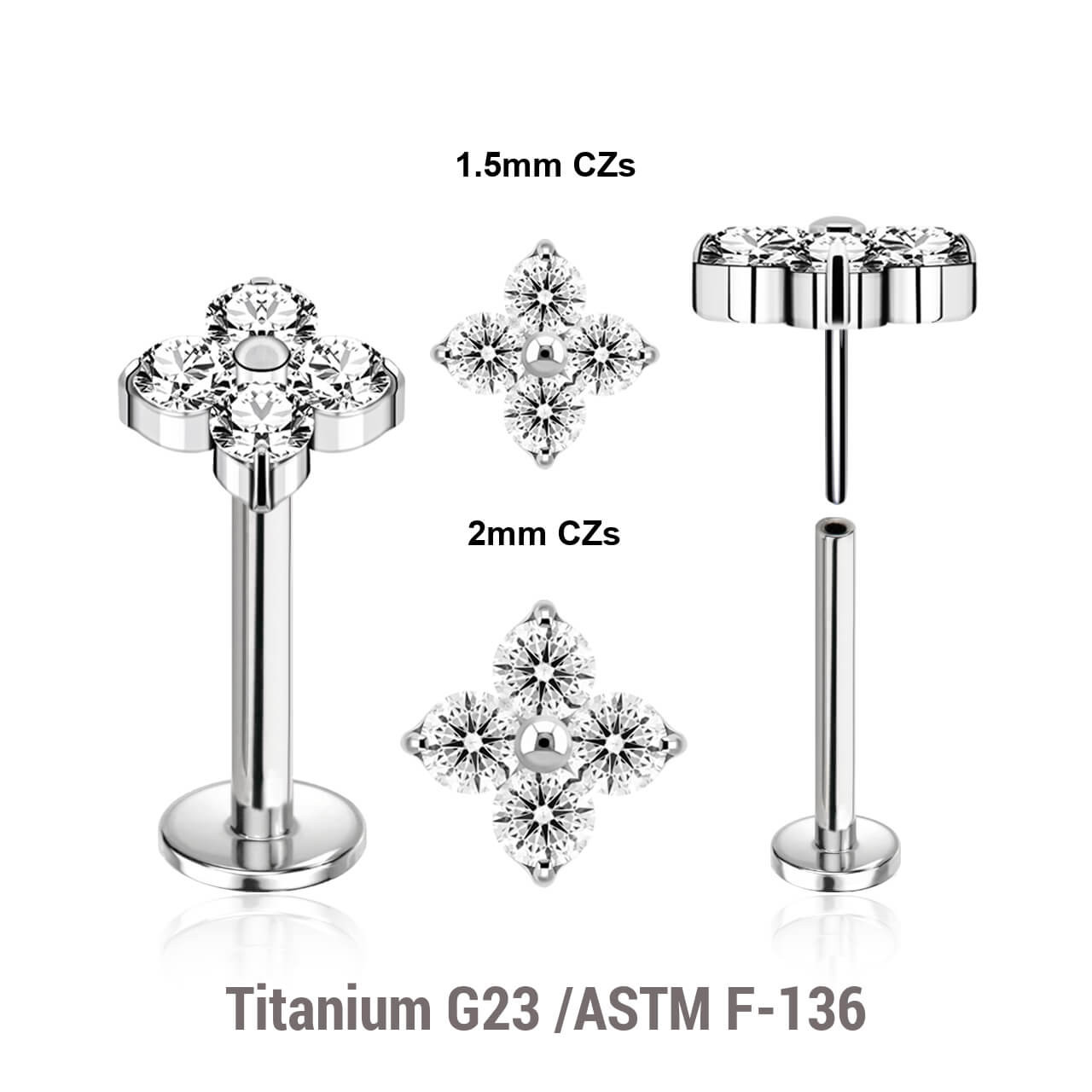 KLBXXX10 Pack of 5 high polished titanium threadless push in labrets with quadruple prong set CZ top