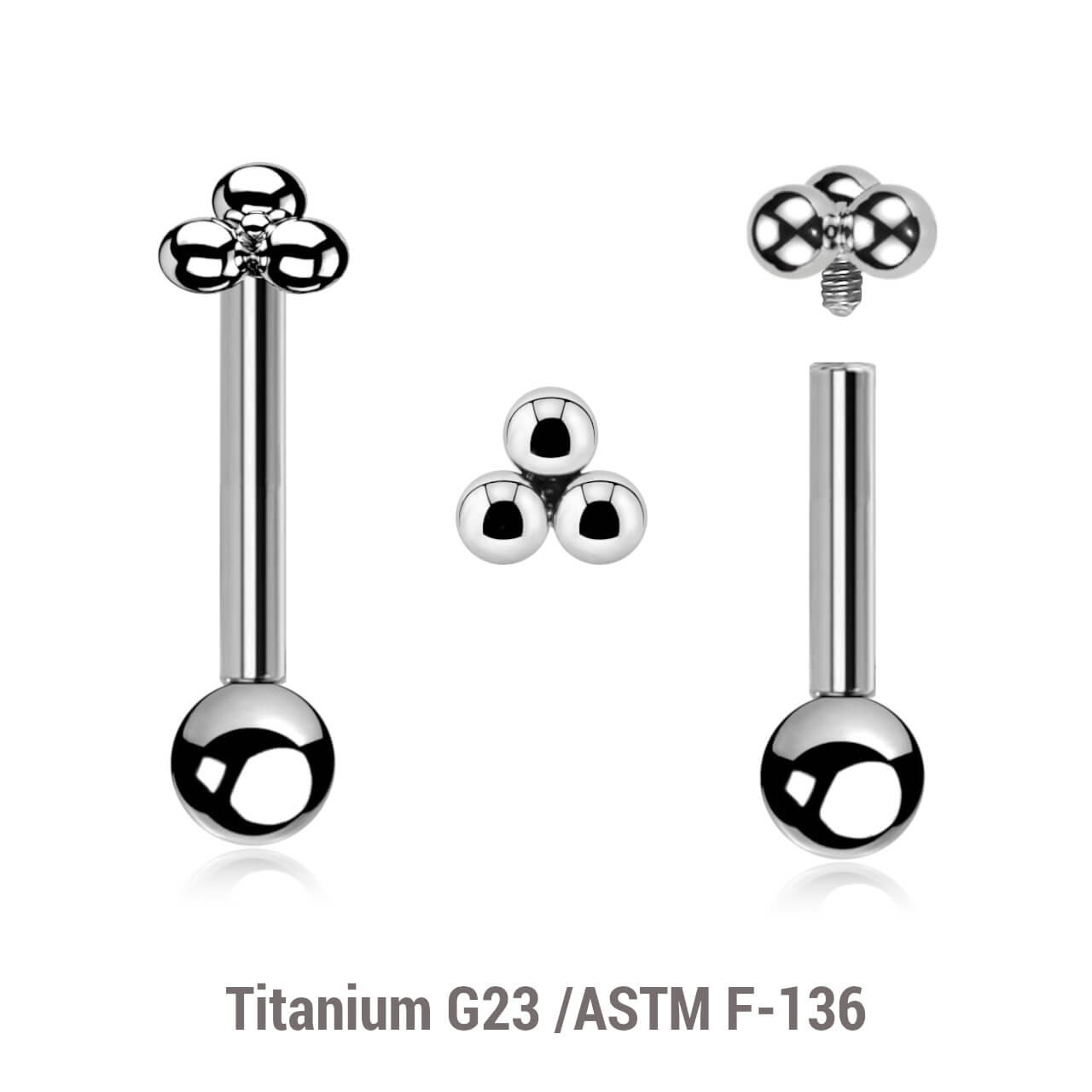 YBA12X17 Pack of 5 high polished titanium internally threaded tragus barbells, Thickness 1.2mm, with a plain trinity top and a lower 3mm plain ball