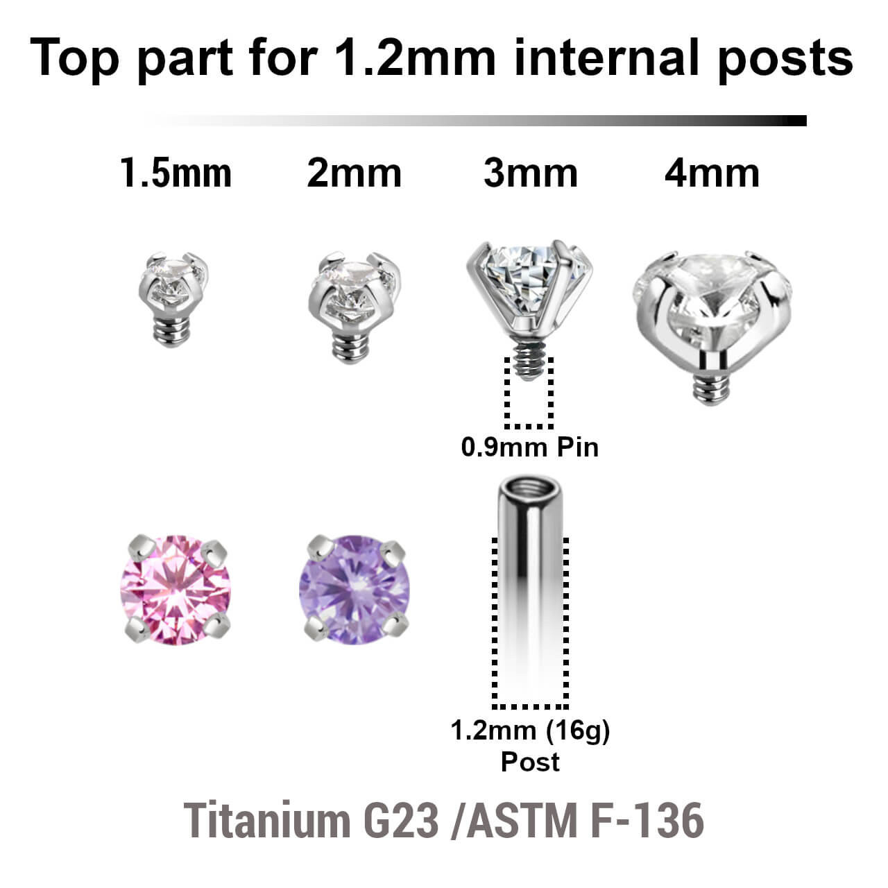 YTP12CZ2 Pack of 10 Titanium prong set CZ attachments for 1.2mm internally threaded items. Thread size 0.9mm YTP12CZ2 Pack of 10 Titanium prong set CZ attachments for 1.2mm internally threaded items. Thread size 0.9mm
