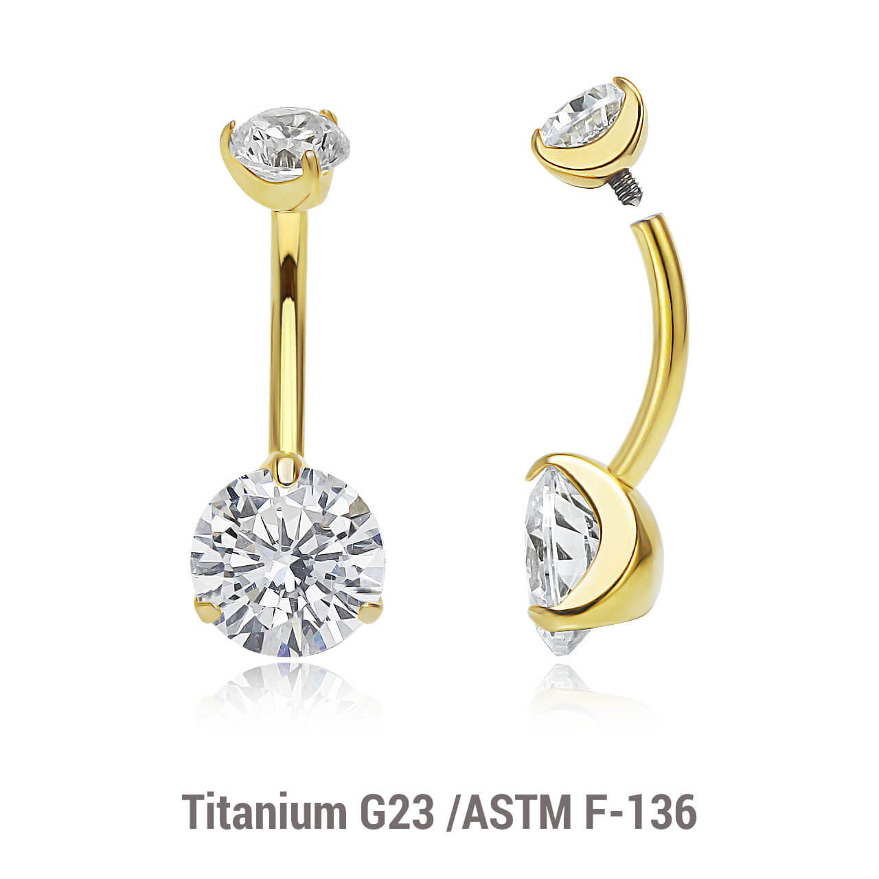 UBN16CZ58 Wholesale pack of 3 Gold PVD plated titanium internally threaded belly bananas, Thickness 1.6mm, with 5 mm and 8 mm round prong set CZ stones