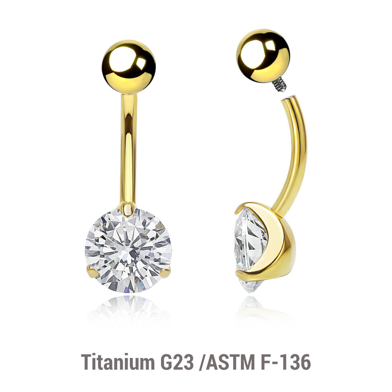 UBN16B5CZ8 Wholesale pack of 3 Gold PVD plated titanium internally threaded belly bananas, Thickness 1.6mm, with 5 mm titanium ball and lower 8 mm prong set round CZ stone UBN16B5CZ8 Wholesale pack of 3 Gold PVD plated titanium internally threaded belly bananas, Thickness 1.6mm, with 5 mm titanium ball and lower 8 mm prong set round CZ stone