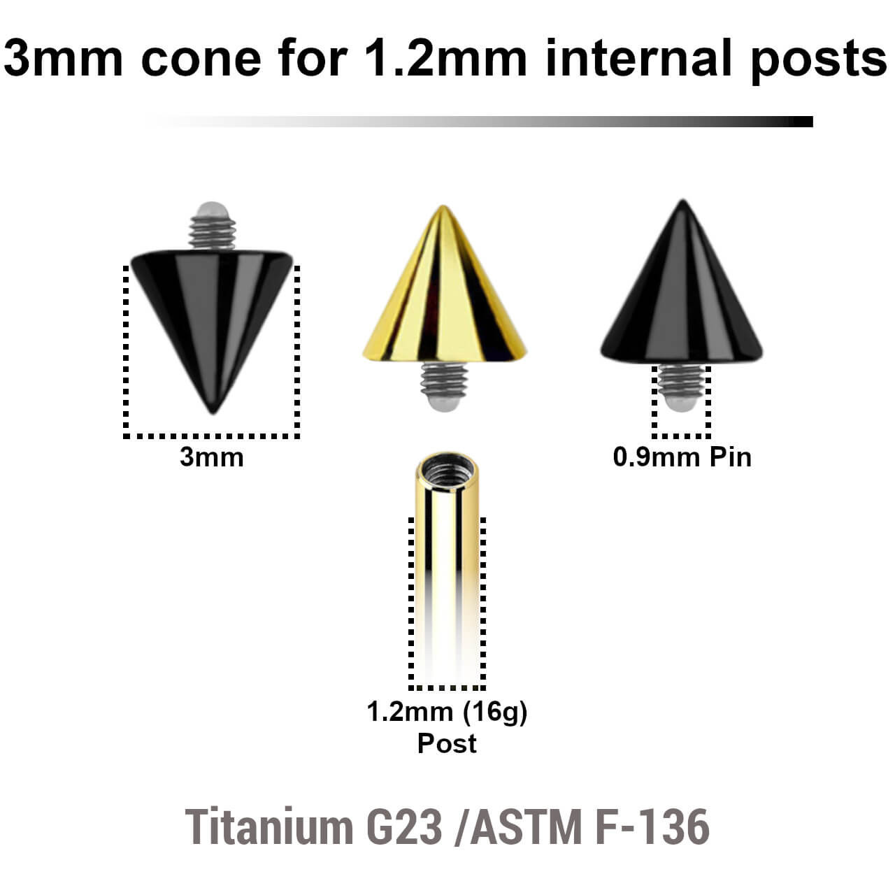 UYC12N3 Pack of 10 PVD plated titanium cones with 3mm diameter for 1.2mm internally threaded post UYC12N3 Pack of 10 PVD plated titanium cones with 3mm diameter for 1.2mm internally threaded post