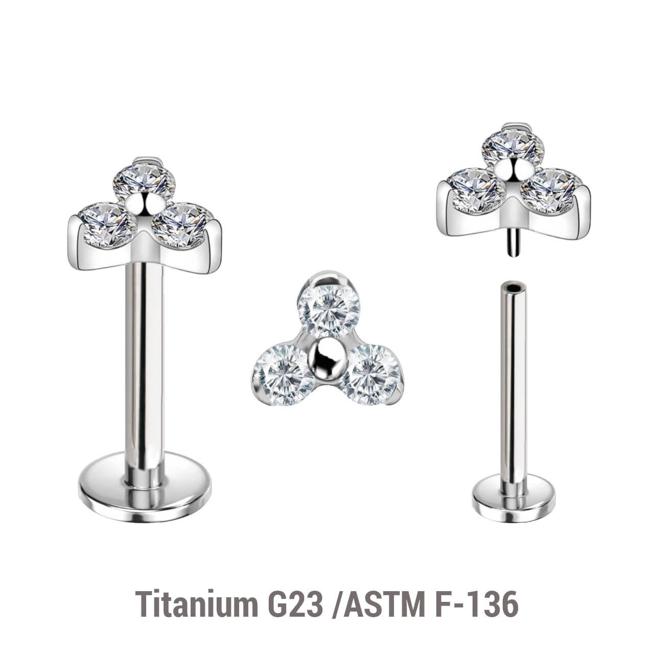 KLBXXX07 Pack of 5 high polished titanium threadless push in labrets with a trinity top with three 2mm prong set CZ stones