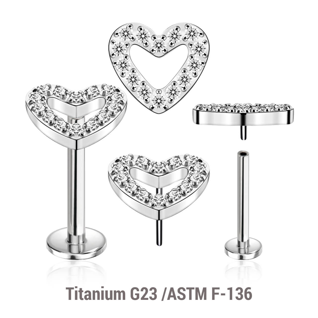 KLBXXX12 Pack of 5 high polished titanium threadless push in labrets with a CZ studded heart top