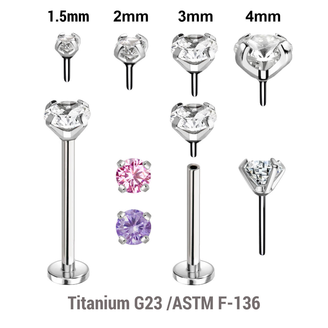 KLB08CZ Pack of 5 high polished titanium threadless push in labrets Thickness 0.8mm, with prong set round CZ stones.