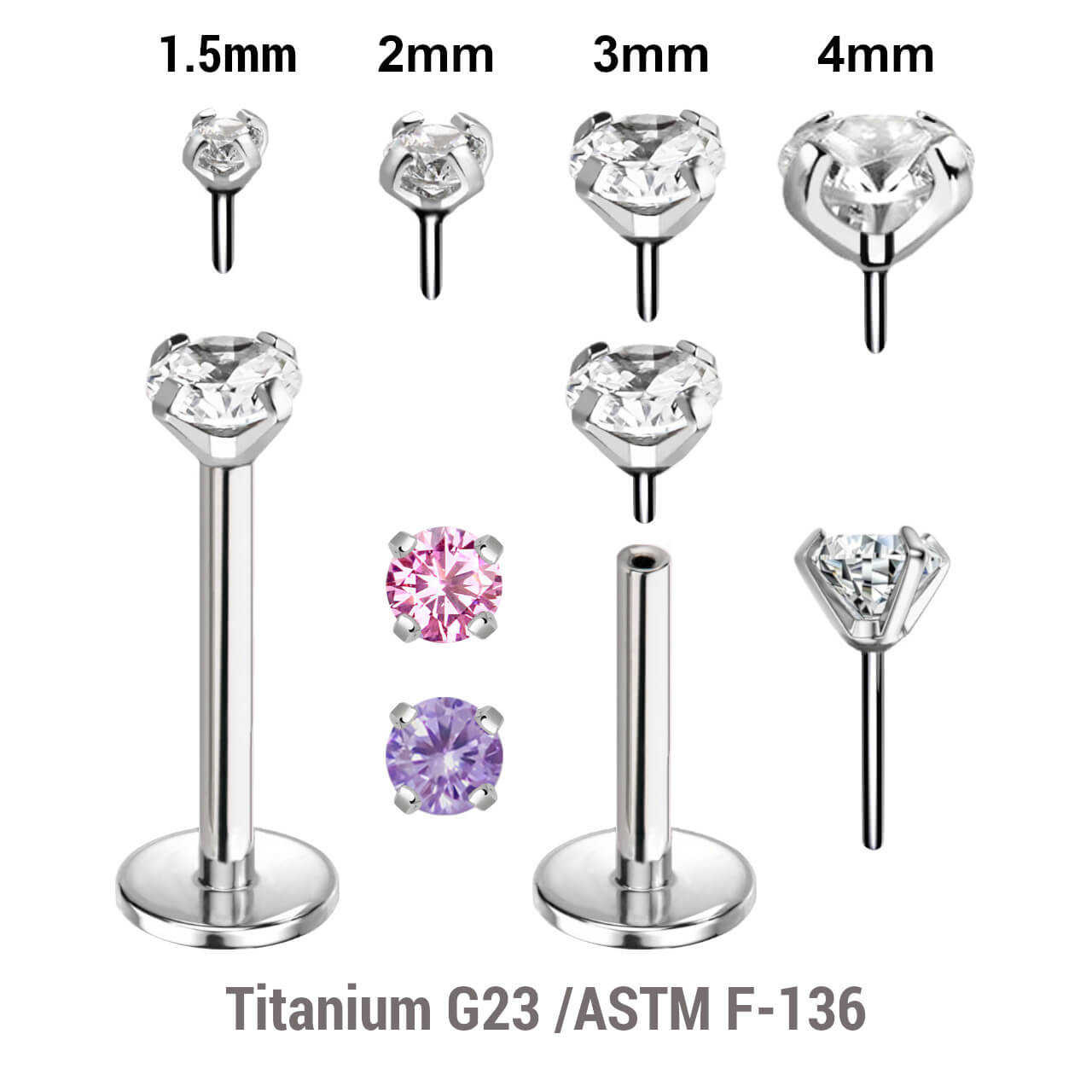KLB01CZ Pack of 5 high polished titanium threadless push in labrets Thickness 1mm, with prong set round CZ stones.