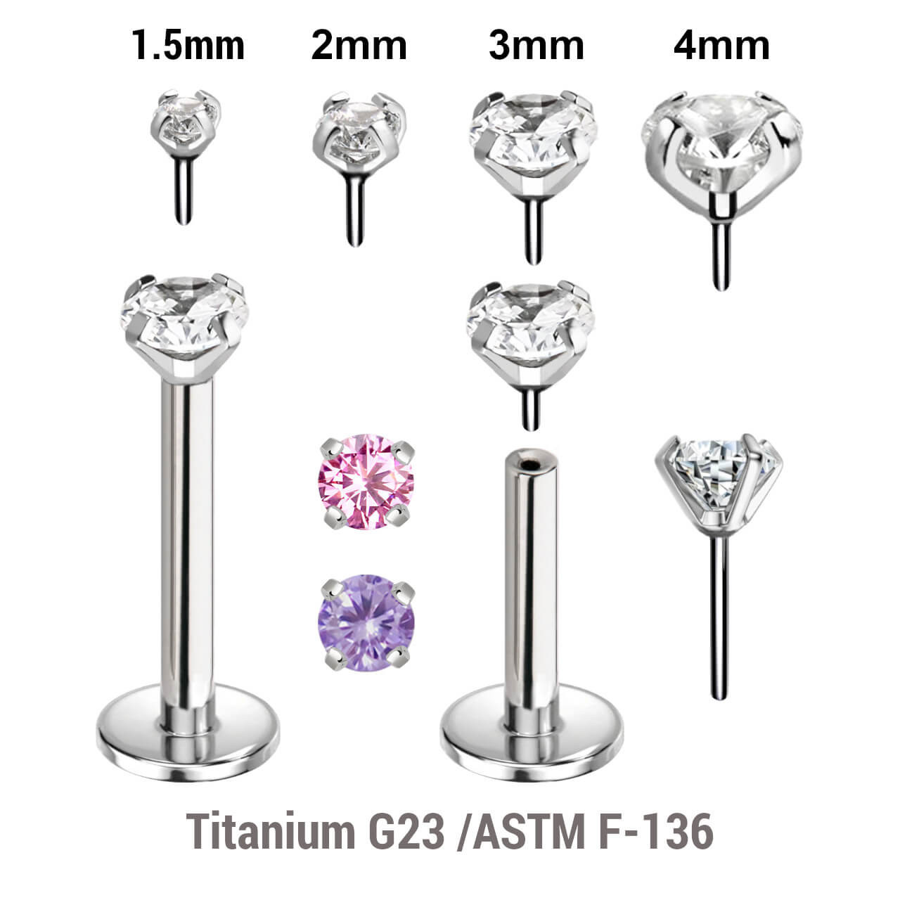 KLB12CZ Pack of 5 high polished titanium threadless push in labrets Thickness 1.2mm, with prong set round CZ stones.
