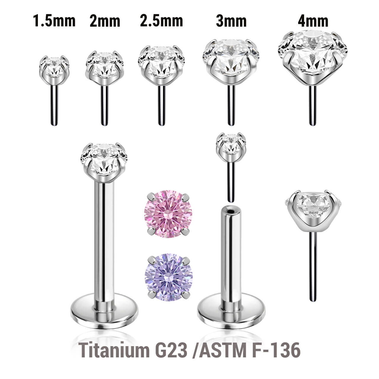KLB12CZ Pack of 5 high polished titanium threadless push in labrets Thickness 1.2mm, with prong set round CZ stones.