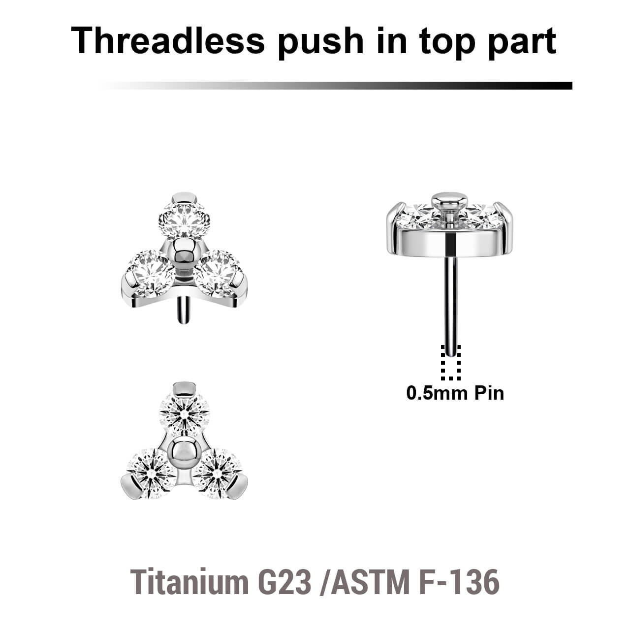 KTP05X07 Pack of 5 Titanium G23 threadless push in labret trinity top with 3 round prong set 2mm CZ stones