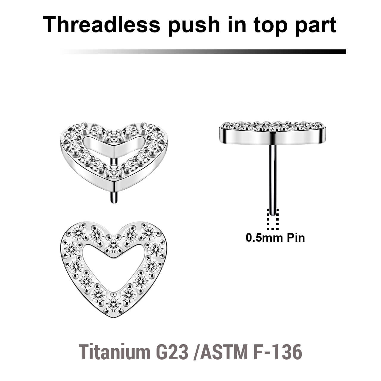 KTP05X12 Pack of 5 Titanium G23 threadless push in labret top with CZ studded heart shaped top