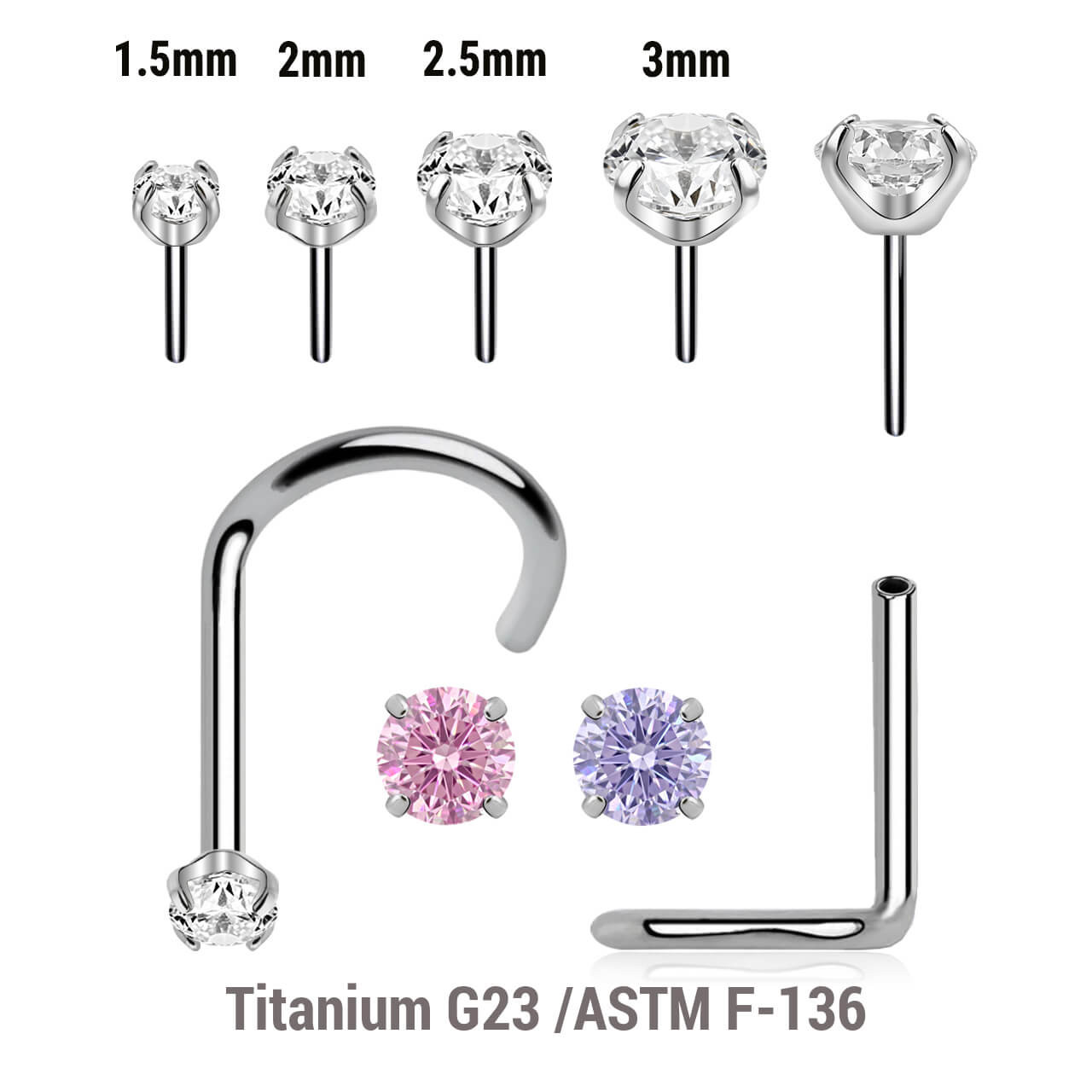 KNS08CZ Pack of 5 high polished titanium threadless nose screws in 0.8mm thickness with prong set CZ tops