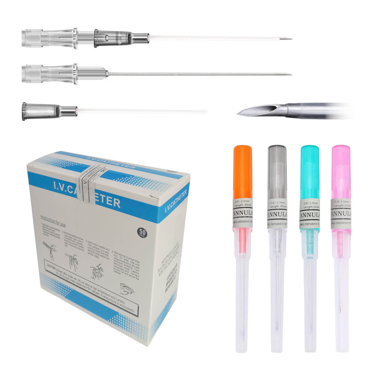 NCABX Box with 50 pcs. of single use 316L steel catheter needles individually packed and EO gas sterilized