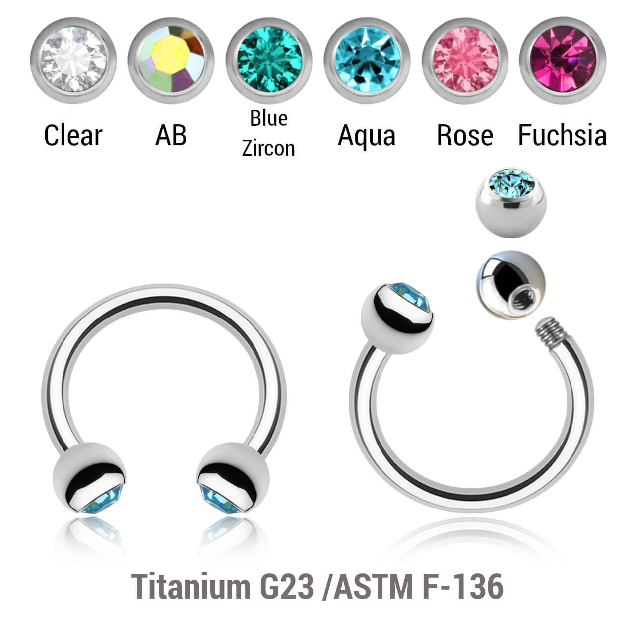 TCB12BJ3 Pack of 10 Titanium circular barbells, Thickness 1.2mm, with two 3mm bezel set crystal balls