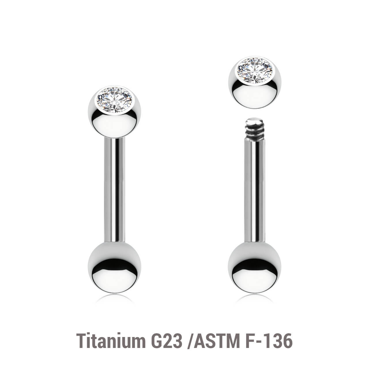 TBA12BJ3S Pack of 10 Titanium tragus barbells, Thickness 1.2mm, with a top 3mm bezel set crystal ball and a lower 3mm plain ball