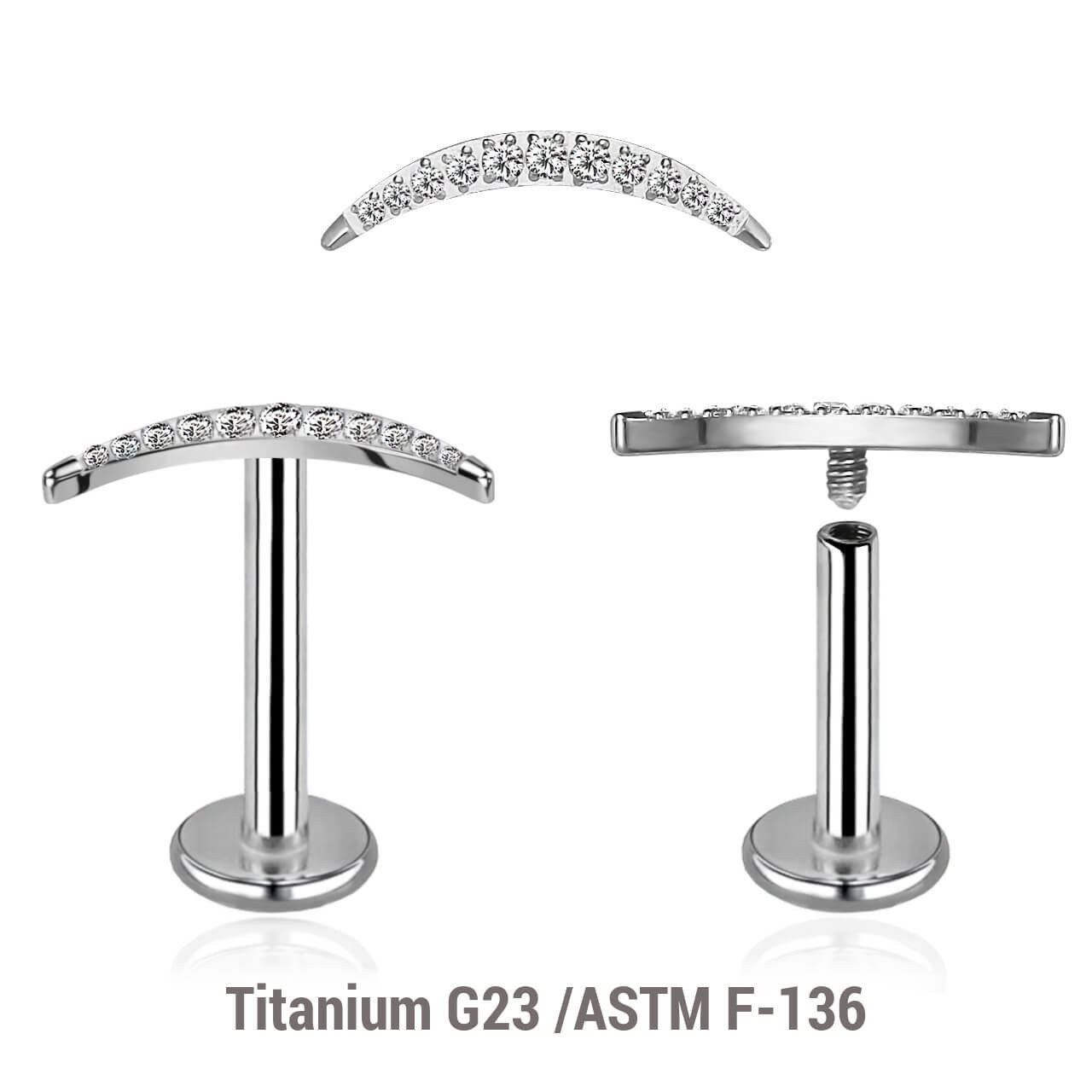 YLB12X18 Pack of 5 high polished titanium internally threaded labrets, Thickness 1.2mm, with a CZ studded crescent moon top YLB12X18 Pack of 5 high polished titanium internally threaded labrets, Thickness 1.2mm, with a CZ studded crescent moon top
