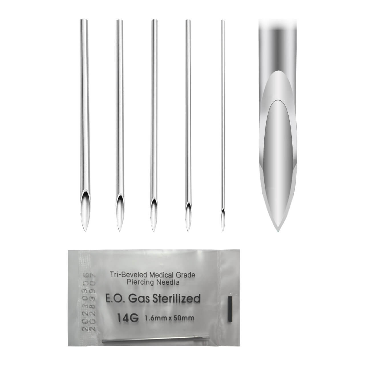 NSTBG Pack of 10 pcs. of single use tri beveled 316L steel piercing needles individually packed and EO gas sterilized NSTBG Pack of 10 pcs. of single use tri beveled 316L steel piercing needles individually packed and EO gas sterilized