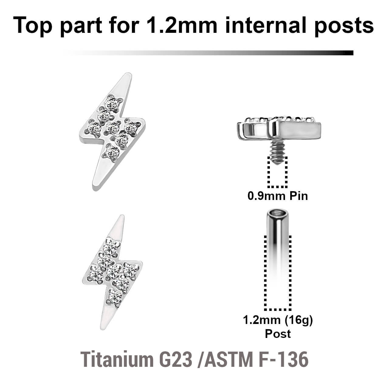 YTP12X19 Pack of 5 Titanium Internally threaded labret tops with CZ studded lightning bolt shaped top, Thread size 0.9mm
