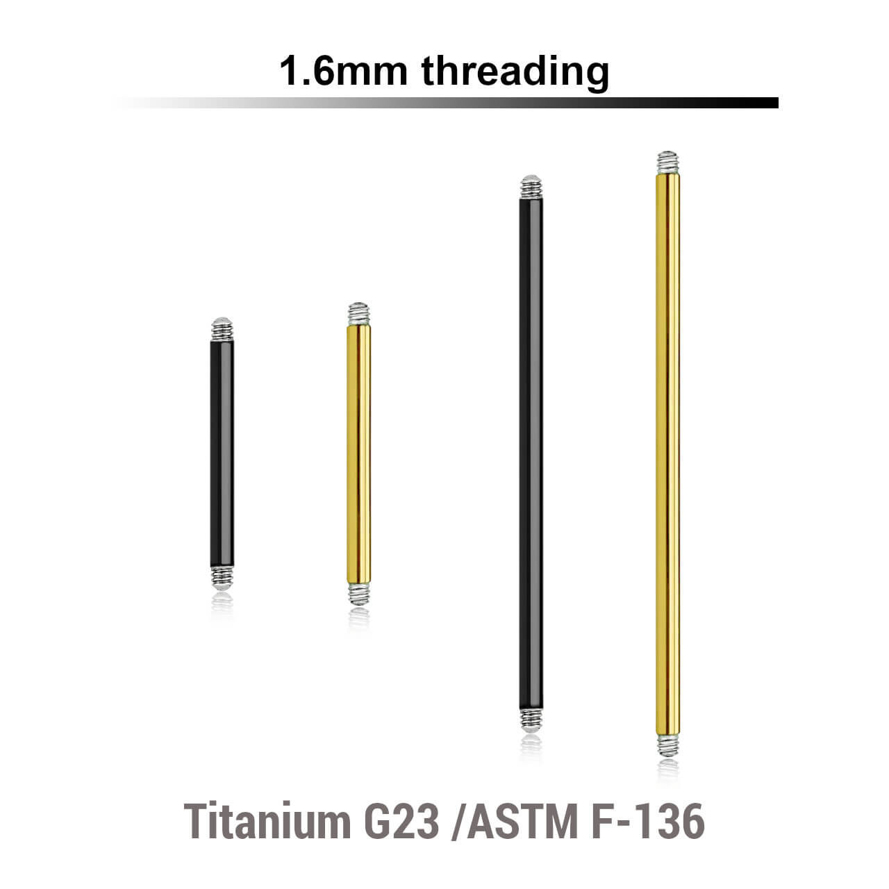 EYBA16N Pack of 10 straight barbell posts in PVD plated Titanium G23 with external threading, thickness 1.6mm EYBA16N Pack of 10 straight barbell posts in PVD plated Titanium G23 with external threading, thickness 1.6mm