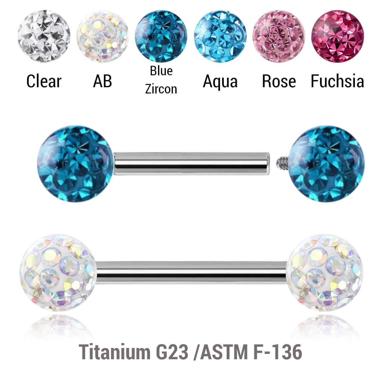 YBA12BF4 Pack of 5 high polished titanium internally threaded eyebrow barbells, Thickness 1.2mm, with two 4mm multi-crystal balls with epoxy resin cover. YBA12BF4 Pack of 5 high polished titanium internally threaded eyebrow barbells, Thickness 1.2mm, with two 4mm multi-crystal balls with epoxy resin cover.