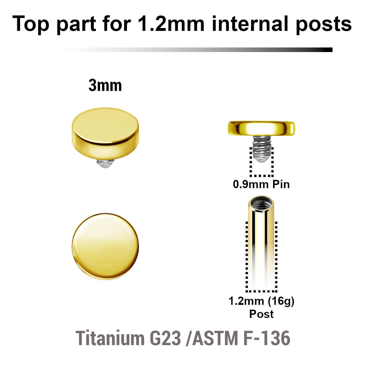 UTP12DI Pack of 5 Gold PVD plated Titanium G23 Internally threaded labret tops in a flat disk shape, Thread size 0.9mm