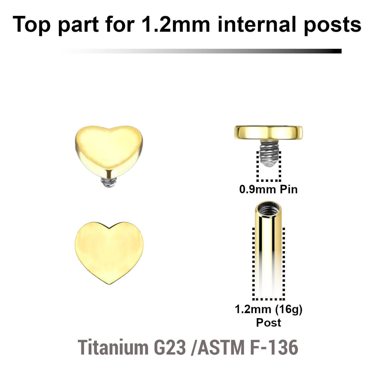 UTP12H3 Pack of 5 Gold PVD plated Titanium G23 Internally threaded labret tops in a 3mm flat heart shape, Thread size 0.9mm