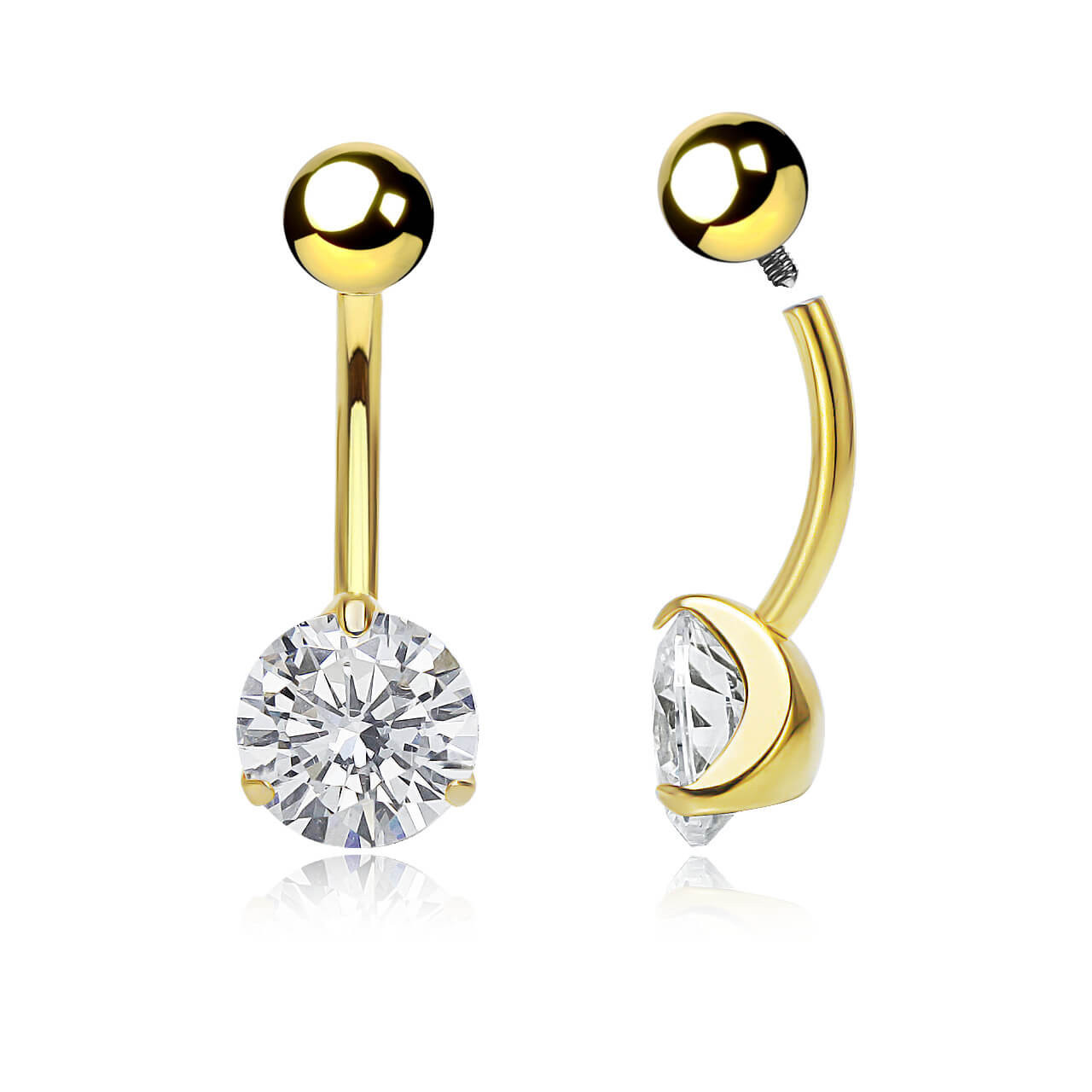 HBN16B5CZ8 Pack of 5 Gold PVD plate 316L steel internally threaded belly bananas, Thickness 1.6mm, with 5 mm top ball and lower 8 mm prong set round CZ stone