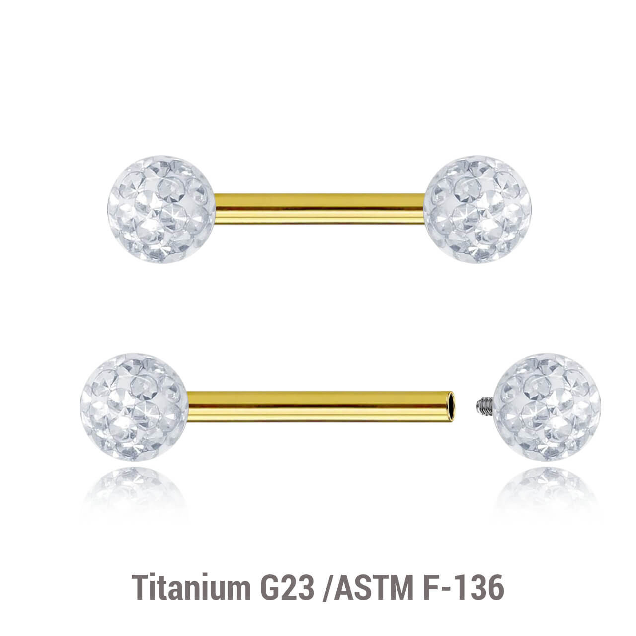 UBA12BF4 Pack of 5 Gold PVD plated titanium internally threaded tragus barbells, Thickness 1.2mm, with two 4mm multi-crystal balls with epoxy resin cover. UBA12BF4 Pack of 5 Gold PVD plated titanium internally threaded tragus barbells, Thickness 1.2mm, with two 4mm multi-crystal balls with epoxy resin cover.
