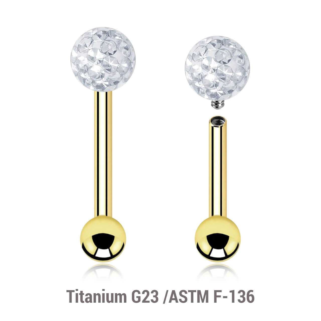UBA12BF4S Pack of 5 Gold PVD plated titanium internally threaded tragus barbells, Thickness 1.2mm, with a top 4mm multi-crystal ball with epoxy resin cover and a lower 3mm plain ball UBA12BF4S Pack of 5 Gold PVD plated titanium internally threaded tragus barbells, Thickness 1.2mm, with a top 4mm multi-crystal ball with epoxy resin cover and a lower 3mm plain ball