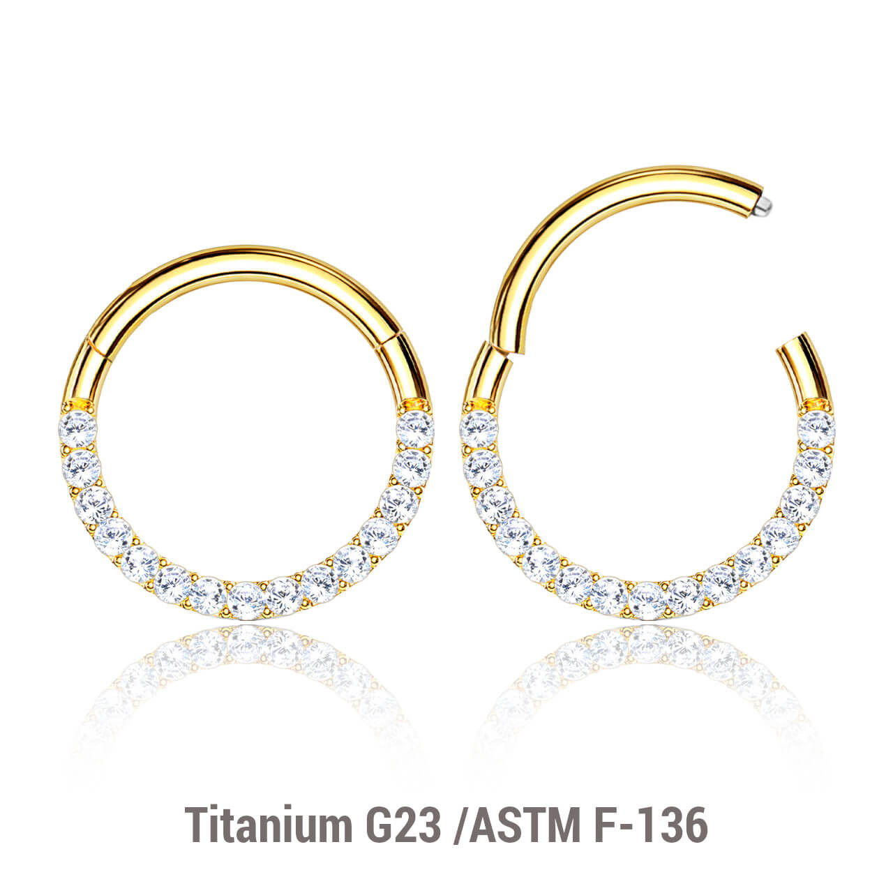ESG12HCZB Wholesale Pack of 5 Gold PVD plated Titanium G23 hinged septum segment rings with forward facing prong set CZ, Thickness 1.2mm