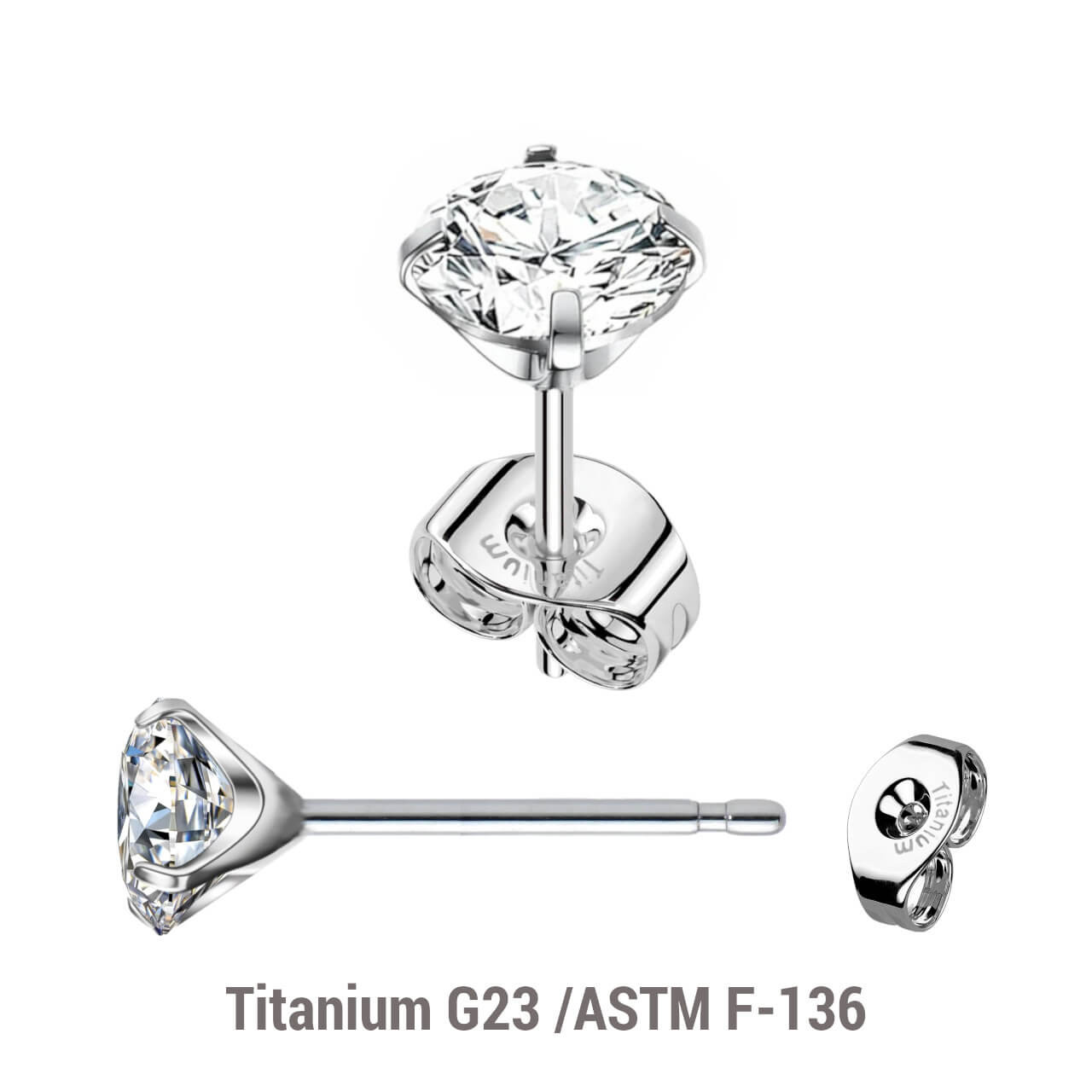 TES08CZ Pack of 5 pairs of Titanium G23 Ear studs with prong set cubic zirconia