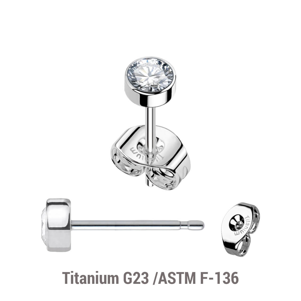 TES08J Pack of 5 pairs of Titanium G23 Ear studs with round top with bezel set crystal and butterflies with titanium engraving