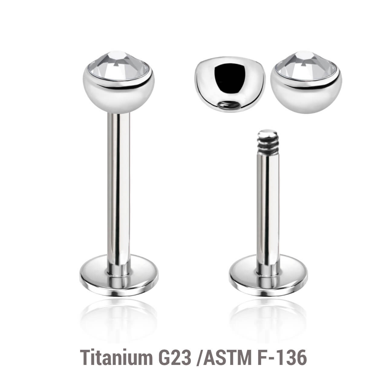 TLB12BJ4H Pack of 10 Titanium labrets, Thickness 1.2mm, with a top 4mm half ball with a bezel set crystal