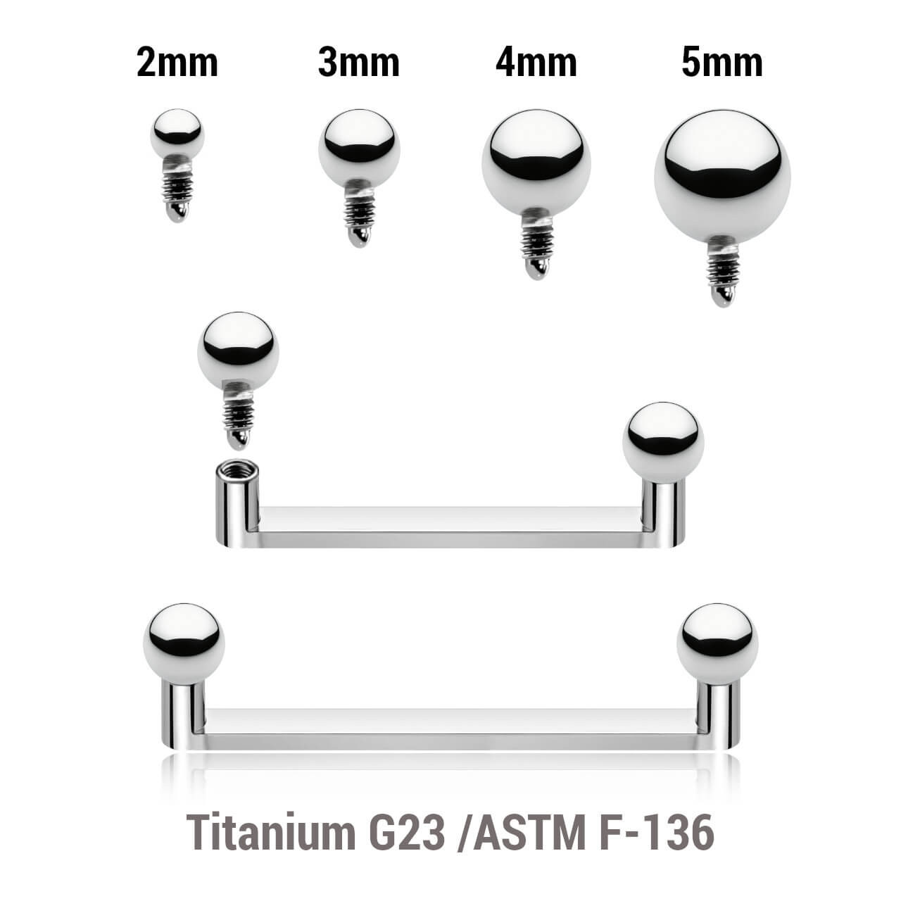 YSB16B Pack of 5 high polished titanium internally threaded flat surface barbells with a 90-degree angle and 2mm height, thickness 1.6mm and plain balls