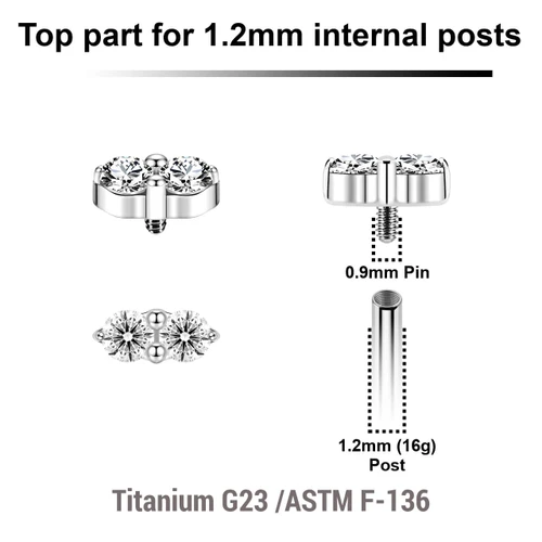 YTP12X20 Pack of 5 Titanium Internally threaded labret tops with twin 2mm prong set CZ stones, Thread size 0.9mm