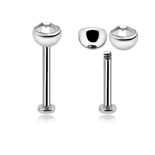 SLB12BJ4HT Pack of 10 surgical steel tragus labrets with 2.5mm disk, Thickness 1.2mm, with a top 4mm steel half ball with a bezel set crystal.