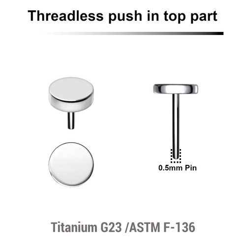 KTP05DI3 Pack of 5 Titanium G23 threadless push in labret top with 3mm flat round disk tops