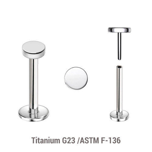 KLBXXDI3 Pack of 5 high polished titanium threadless push in labrets with 3mm flat round disk tops