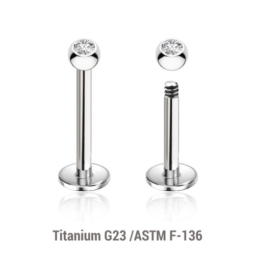 TLB12BJ25 Pack of 10 Titanium labrets, Thickness 1.2mm, with 2.5mm bezel set crystal ball