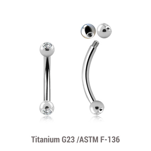 TBN12BJ25 Pack of 10 Titanium eyebrow bananas, Thickness 1.2mm, with two 2.5mm bezel set crystal balls