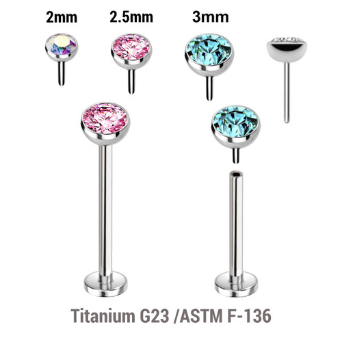 KLB08JH Pack of 5 high polished titanium threadless push in labrets, Thickness 0.8mm with flat jewel ball tops